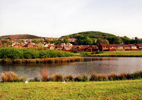fresh water lake, surrounded by greenery and housing in the distance