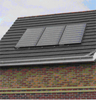 Solar water heating panels on the roof of housing