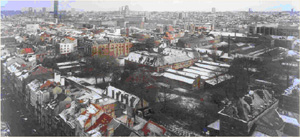 Foto des Geländes, die Alte Veterinärmedizinische Schule in Stadtteil Cureghem. Übersichtsplan des ECUB Projektes, Masterplan