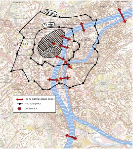 The area considered: 45 000 citizens; maximum walking distance of 20 minutes