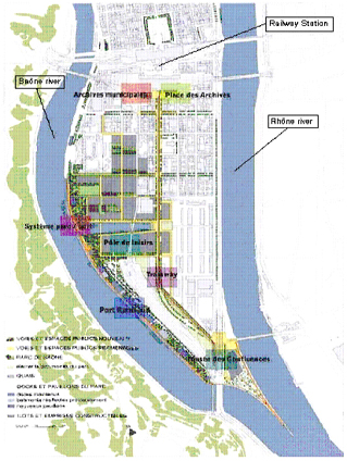 Project “Lyon- Confluence” (coloured area corresponds to the first stage of the project)
